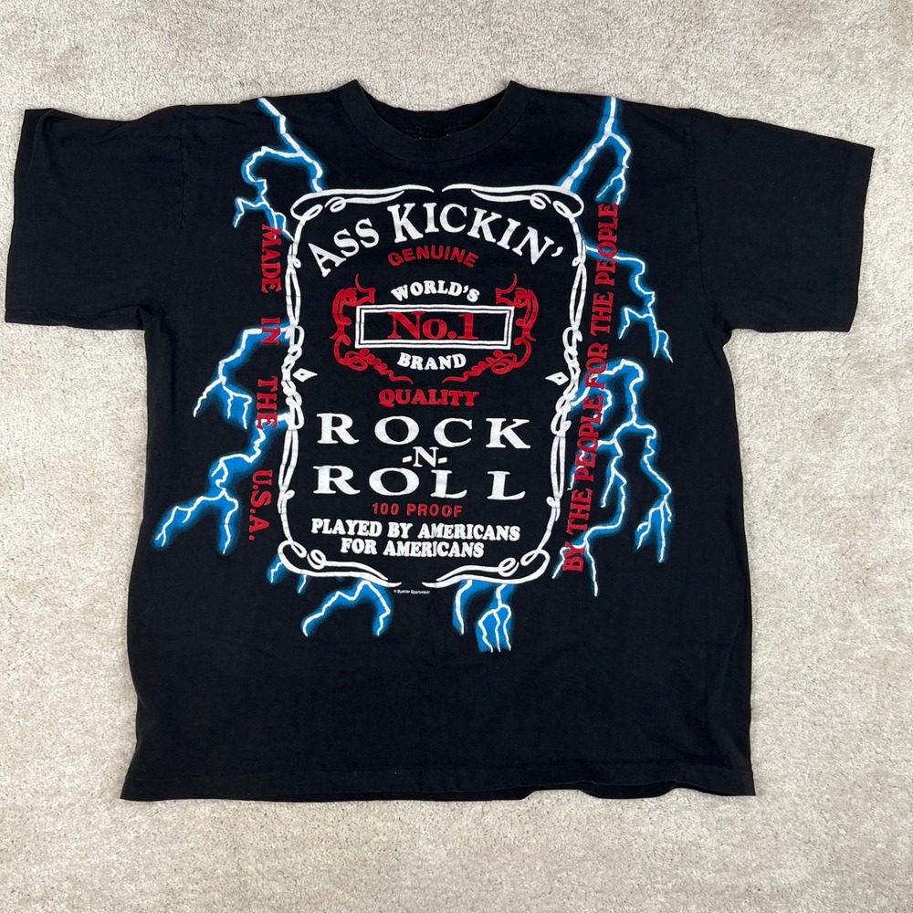 Vintage USA Thunder Ass Kickin Rock N Roll Lightning T-Shirt Mens XL Black 90s
